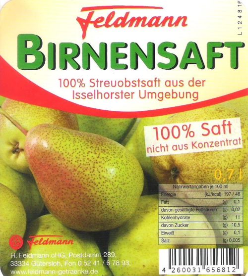 Birnensaft <p><small><FONT COLOR="#000000"> Feldmann Getränke </FONT></small> </p> – Bild 2